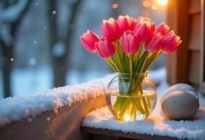 Pink Tulips in a Glass Vase on a Wooden Table in winter morning photo