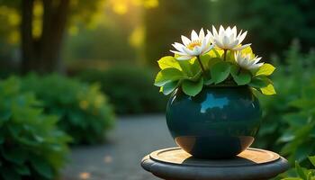 Water Lilies in a Green Vase in a Tranquil Garden Setting photo