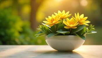 Yellow Flowers in a White Pot Bright yellow water lily flowers filled with a glossy spherical vase photo