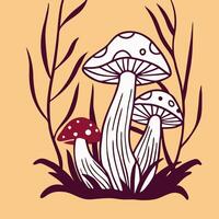 Stylized Mushrooms in Grass and Branches Illustration vector