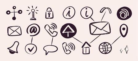 Hand drawn Communication and Network Icons Email, Phone, Web vector