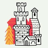 Hand drawn Cartoon Castle Illustration, Fairytale Tower, Medieval Architecture vector