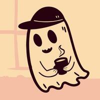 Cute Ghost in Hat Enjoying Coffee Break vector