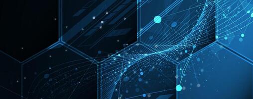 abstract blue technology background with lines and dots and hexagon vector