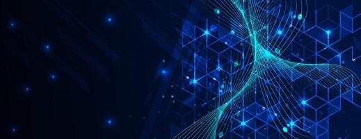 abstract blue hexagon background with lines and dots vector
