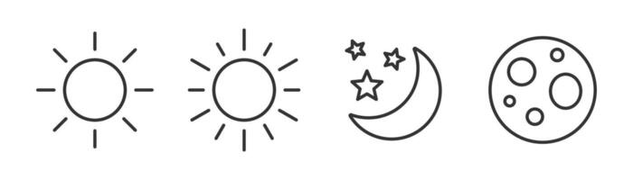 Sun and moon icon set. Day and night. Sun, crescent moon sign and symbol. Editable line width. illustration vector