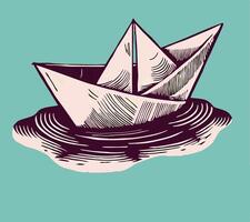 Pink Origami Paper Boat Floating on Water Illustration vector
