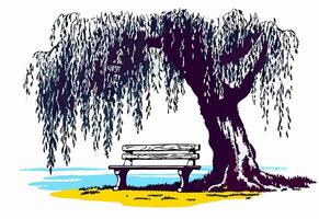 Serene Bench Under Weeping Willow Tree by Water vector