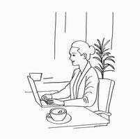 black and white line. woman in the office in front of a laptop with a cup of coffee on the table. Cartoon Style Illustration vector