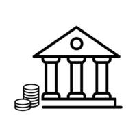 Simple line art illustration of a bank building with coins. Represents finance, savings and investment. vector