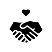 Black and white icon depicting two hands clasped in a handshake with a heart above symbolizing love and partnership vector