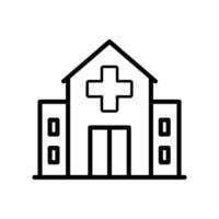 A simple line drawing icon of a hospital building. It shows a classic hospital structure with a prominent cross. vector