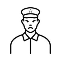 An illustration of a stern-faced officer in a uniform. Simple line art design representing authority. vector