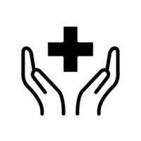 A simple yet powerful icon representing healthcare and protection. Two hands gently cradling a medical cross, symbolizing care and support. vector