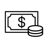Simple line art icon depicting a dollar bill and stack of coins. Represents finance and wealth. vector