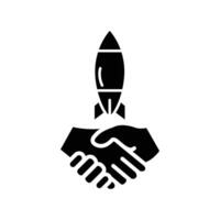 A symbolic image depicting a handshake overshadowed by a missile, representing precarious peace. vector