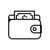 Line art icon depicting a wallet containing a single banknote. Simple and clean design. vector