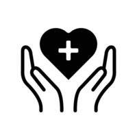 A black and white icon depicting two hands gently cradling a heart with a cross, representing healthcare and compassion. vector