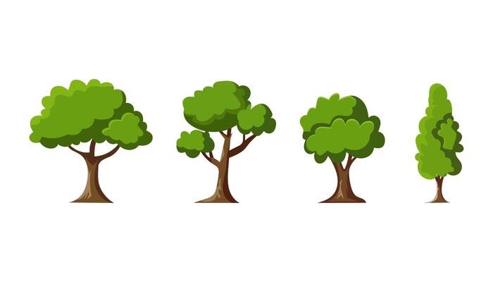 Cartoon Green Trees Nature, Foliage, Deciduous, Evergreen, Illustrations