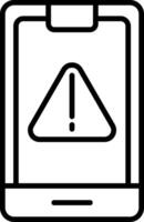 A black and white icon of a tablet with a warning sign vector
