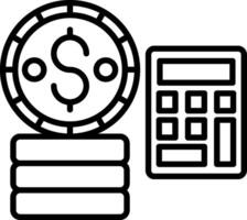 A black and white icon of a calculator and a stack of coins vector