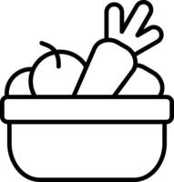 A black and white illustration of a basket with fruit and vegetables vector