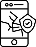 A black and white illustration of a phone with a shield vector