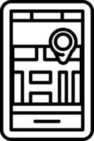 A black and white icon of a phone with a map vector
