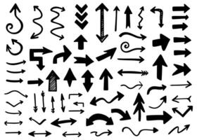 A set of various hand drawn arrows. Various curved lines and arrow curls. Drawing with a marker, different arrows in pen. Set of icons. Black and white direction signs. vector