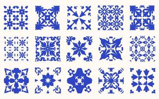 Set of Mediterranean blue tiles. Portuguese azulejo tiles pattern. Ceramic tiles with Italian stylized pattern. Flower patterns, abstract leaves, and ornamental shapes. vector