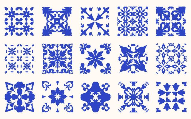 Set of Mediterranean blue tiles. Portuguese azulejo tiles pattern. Ceramic tiles with Italian stylized pattern. Flower patterns, abstract leaves, and ornamental shapes.