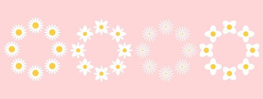 Set of round frames with white groovy daisy flowers on pink background. Retro geometric spring flowers. Clockwork simple set of flowers. For greeting card, poster, banner, social media. vector