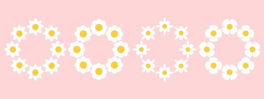 Set of round border with white groovy daisy flowers on pink background. Retro geometric spring flowers. Clockwork simple set of flowers. For greeting card, poster, banner, social networks. vector