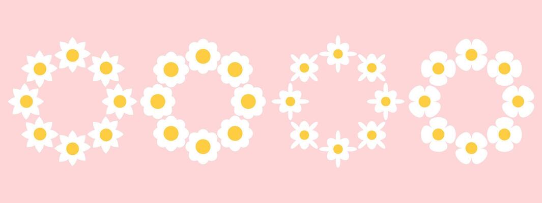 Set of round border with white groovy daisy flowers on pink background. Retro geometric spring flowers. Clockwork simple set of flowers. For greeting card, poster, banner, social networks.