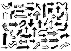 A set of various hand drawn arrows. Various curved lines and arrow curls. Drawing with a marker, different arrows in pen. Black and white direction signs. vector