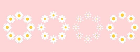Set of round frames with white groovy daisy flowers on pink background. Retro geometric spring flowers. Clockwork simple set of flowers. For greeting card, poster, banner, social networks. vector