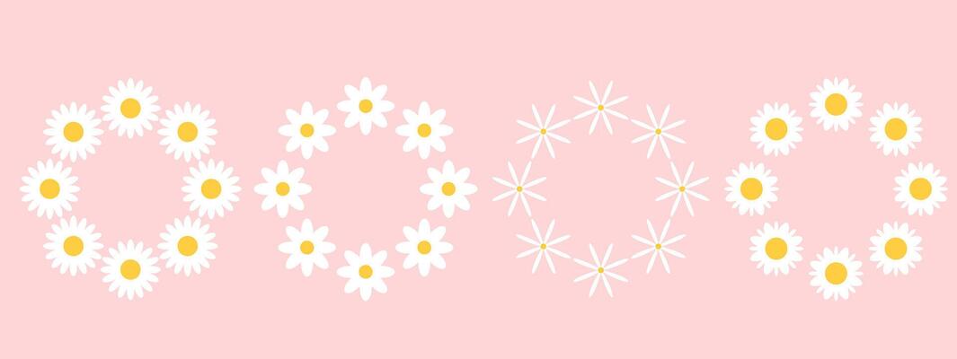 Set of round frames with white groovy daisy flowers on pink background. Retro geometric spring flowers. Clockwork simple set of flowers. For greeting card, poster, banner, social networks.