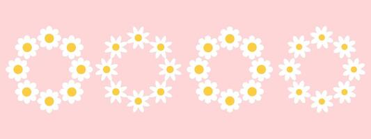 Set of round frames with white groovy daisy flowers. Retro geometric spring flowers. Clockwork simple set of flowers. For greeting card, poster, banner, social networks. vector