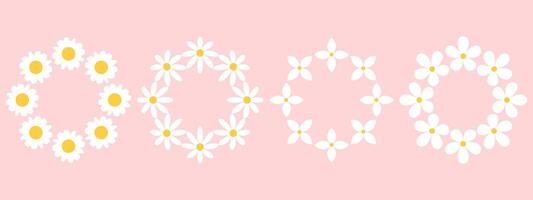 Set of round frames with white daisy flowers on pink background. Retro geometric spring flowers. Clockwork simple set of flowers. For greeting card, poster, banner, social networks. vector