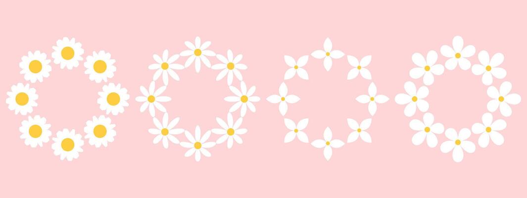 Set of round frames with white daisy flowers on pink background. Retro geometric spring flowers. Clockwork simple set of flowers. For greeting card, poster, banner, social networks.