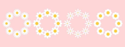 Set of frames with white groovy daisy flowers on pink background. Retro geometric spring flowers. Clockwork simple set of flowers. For greeting card, poster, banner, social networks. vector