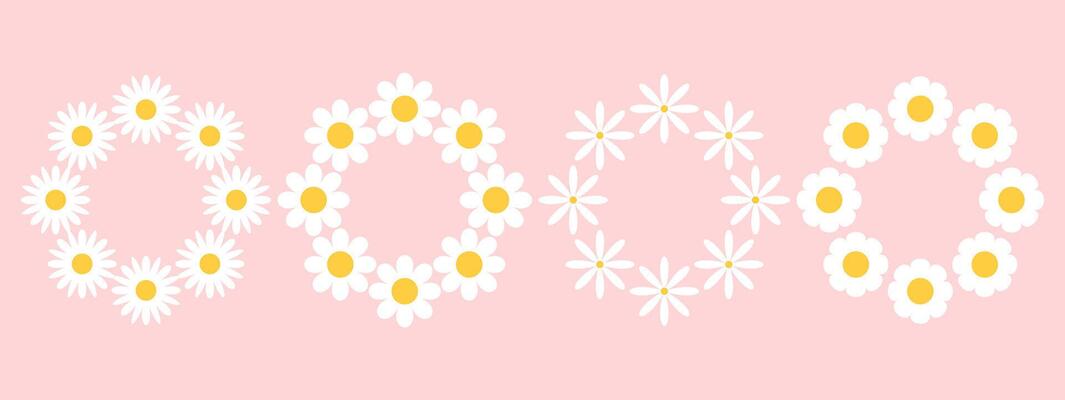 Set of frames with white groovy daisy flowers on pink background. Retro geometric spring flowers. Clockwork simple set of flowers. For greeting card, poster, banner, social networks.