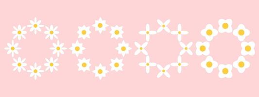 Set of round frames with daisy flowers on pink background. Retro geometric spring flowers. Clockwork simple set of flowers. For greeting card, poster, banner, social networks. vector