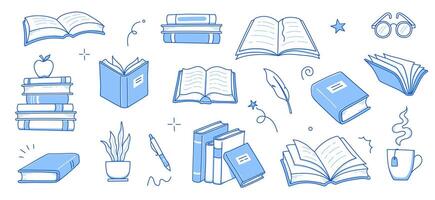 Book stack sketch set. Hand drawn sketch doodle style line book stack. Library, reading, school doodle concept icon background. Blue pen line style stroke. vector
