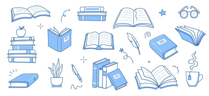 Book stack sketch set. Hand drawn sketch doodle style line book stack. Library, reading, school doodle concept icon background. Blue pen line style stroke.