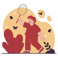 Joyful child in red outfit playing with a butterfly net, surrounded by butterflies and vibrant plants, capturing the essence of outdoor fun and childhood wonder illustration vector