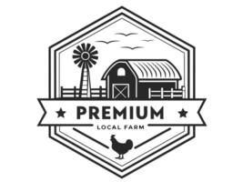 Premium Local Farm Badge Design with Barn Windmill and Chicken vector