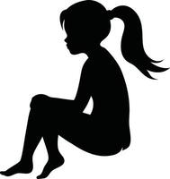 Silhouette of a young girl with a ponytail sitting with her knees drawn up, creating a sense of innocence and contemplation illustration vector