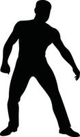 Silhouette of a muscular man in a dynamic pose, suggesting action or dance, with arms and legs spread wide illustration vector