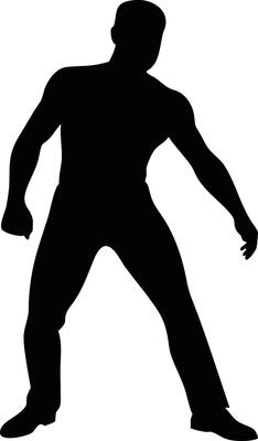 Silhouette of a muscular man in a dynamic pose, suggesting action or dance, with arms and legs spread wide illustration